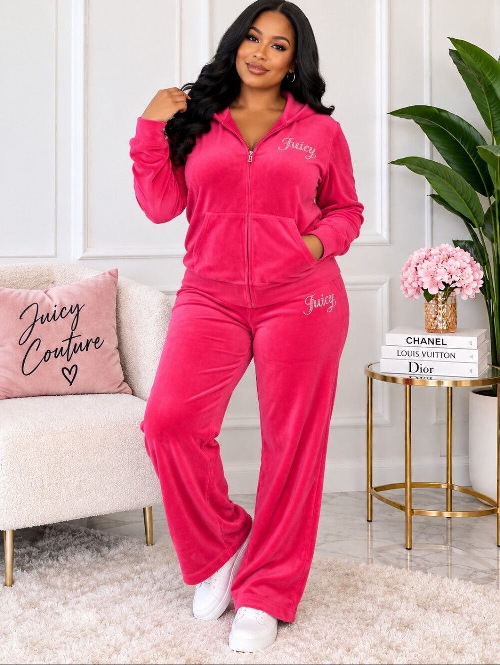 Juicy Couture Tracksuit XL Vixen Pink Velour Rhinestone Hoodie Pants Set NWT
